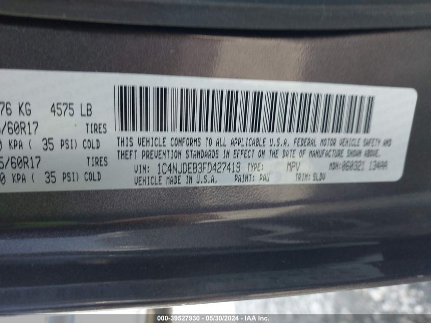 2015 Jeep Compass High Altitude Edition VIN: 1C4NJDEB3FD427419 Lot: 39527930