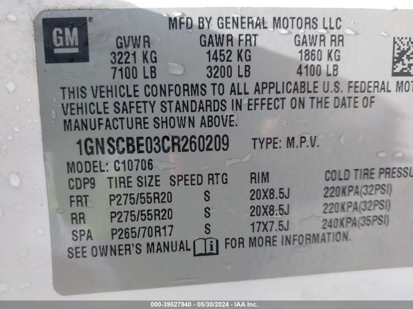 2012 Chevrolet Tahoe Lt VIN: 1GNSCBE03CR260209 Lot: 39527940