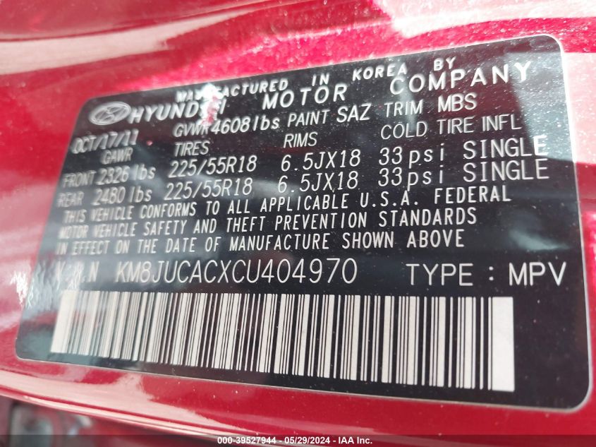 2012 Hyundai Tucson Limited VIN: KM8JUCACXCU404970 Lot: 39527944