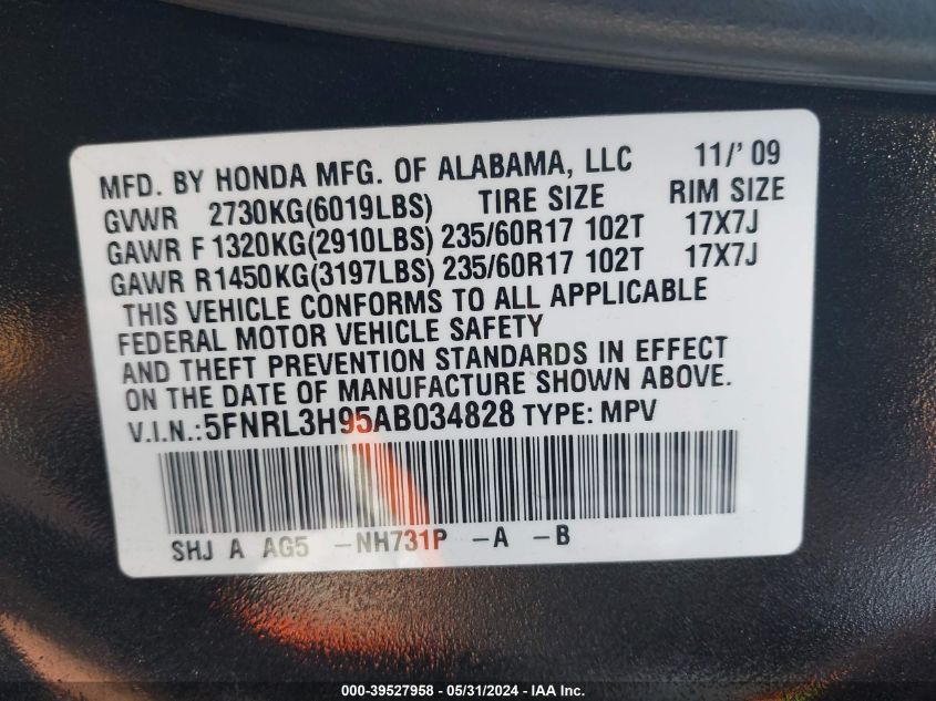 2010 Honda Odyssey Touring VIN: 5FNRL3H95AB034828 Lot: 39527958