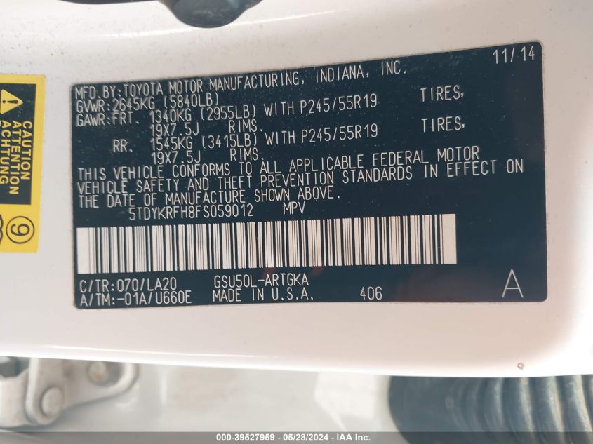 2015 Toyota Highlander Limited V6 VIN: 5TDYKRFH8FS059012 Lot: 39527959