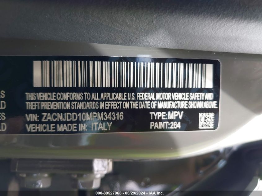 2021 Jeep Renegade Limited 4X4 VIN: ZACNJDD10MPM34316 Lot: 39527965