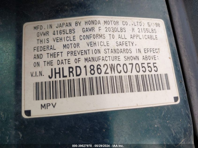1998 Honda Cr-V Ex VIN: JHLRD1862WC070555 Lot: 39527978