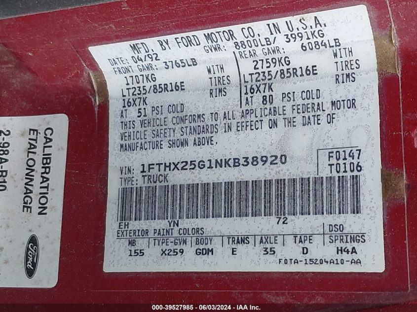 1992 Ford F250 VIN: 1FTHX25G1NKB38920 Lot: 39527985