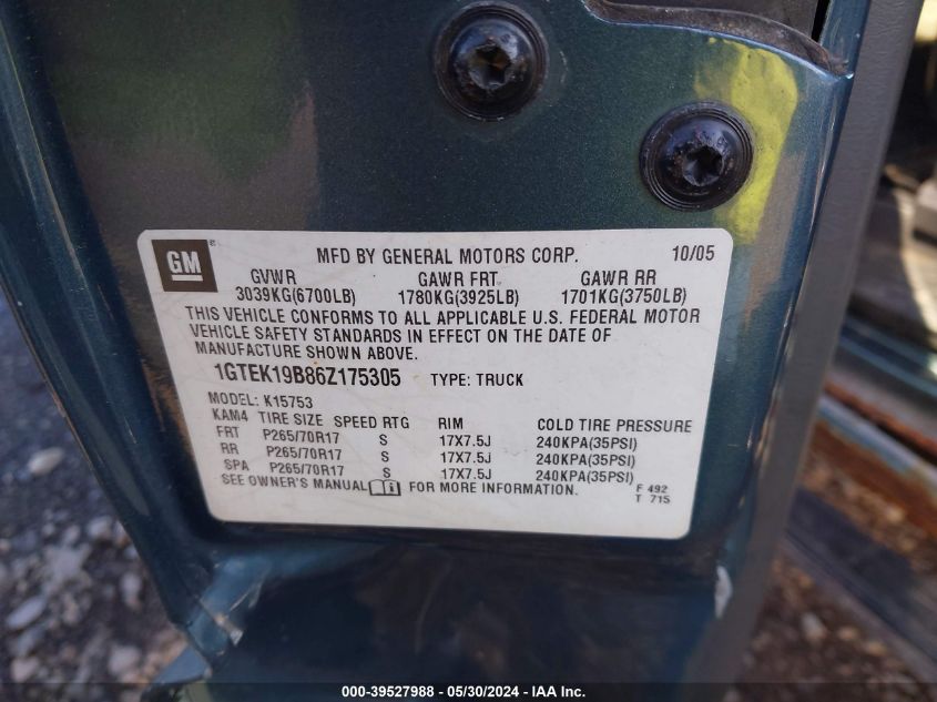 2006 GMC Sierra 1500 Sle1 VIN: 1GTEK19B86Z175305 Lot: 39527988