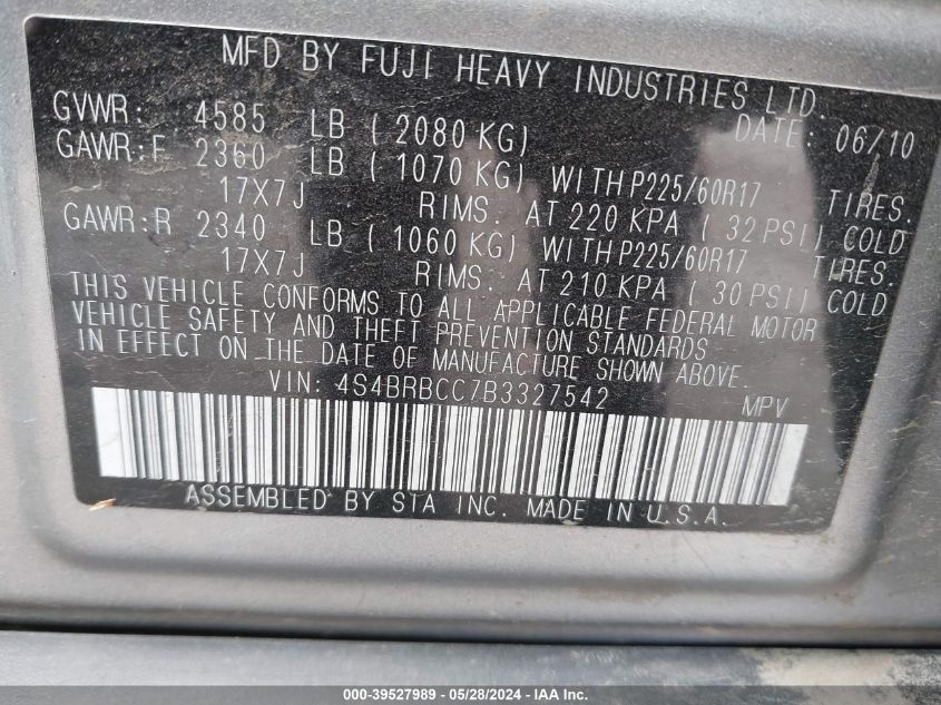 2011 Subaru Outback 2.5I Premium VIN: 4S4BRBCC7B3327542 Lot: 39527989