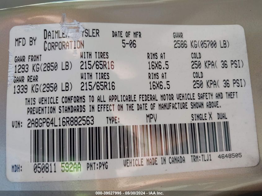 2006 Chrysler Town & Country Limited VIN: 2A8GP64L16R882563 Lot: 39527995