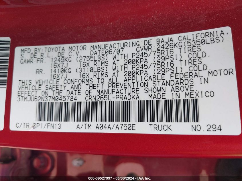 2007 Toyota Tacoma Prerunner V6 VIN: 3TMJU62N37M045784 Lot: 39527997
