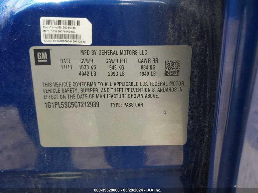 2012 Chevrolet Cruze 1Lt VIN: 1G1PL5SC5C7212939 Lot: 39528008