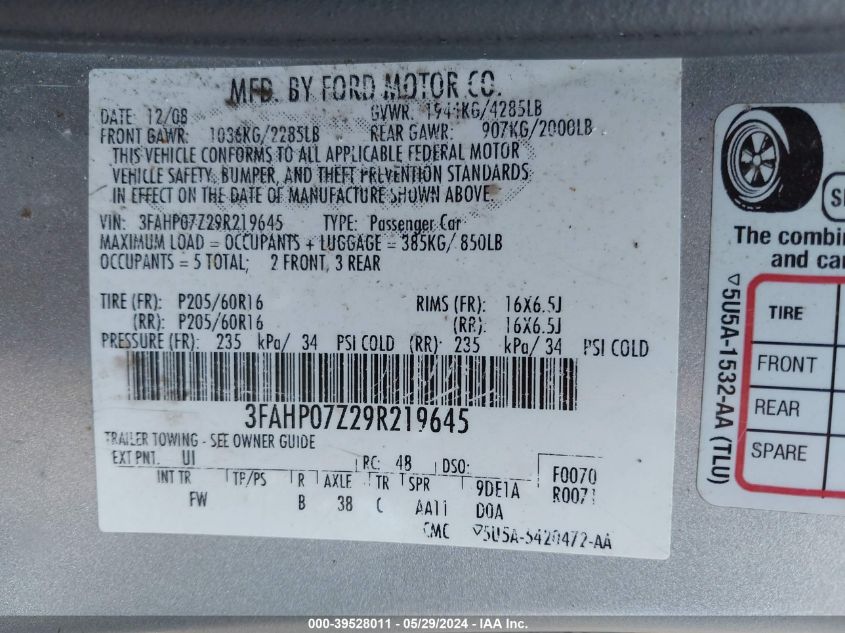 2009 Ford Fusion Se VIN: 3FAHP07Z29R219645 Lot: 39528011