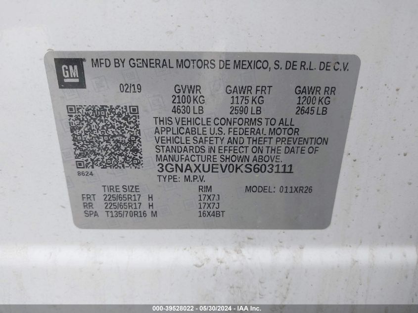 2019 Chevrolet Equinox Lt VIN: 3GNAXUEV0KS603111 Lot: 39528022