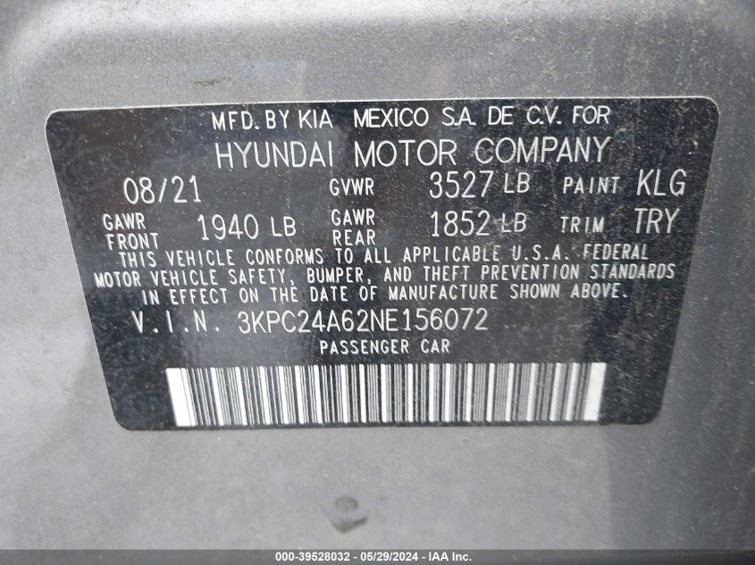2022 Hyundai Accent Se VIN: 3KPC24A62NE156072 Lot: 39528032