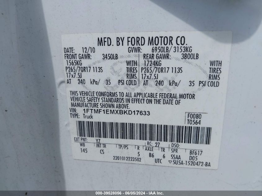 2011 Ford F-150 Xl VIN: 1FTMF1EMXBKD17633 Lot: 39528056