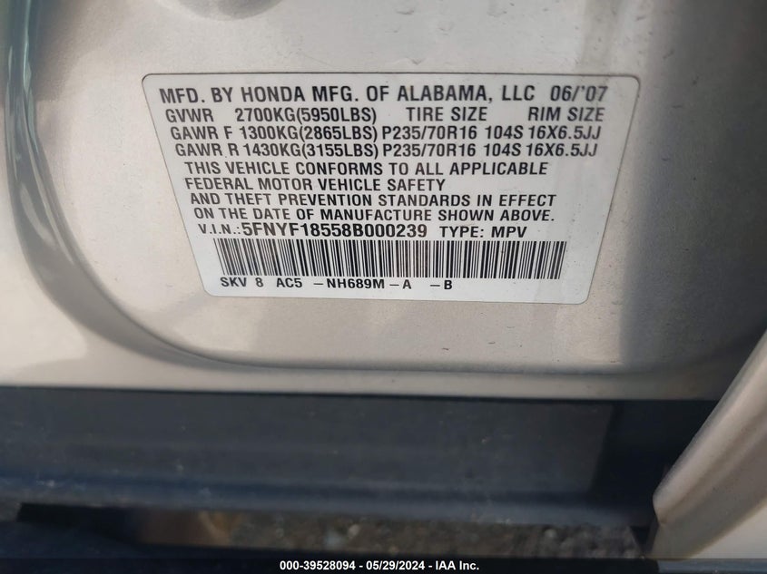 2008 Honda Pilot Ex-L VIN: 5FNYF18558B000239 Lot: 39528094