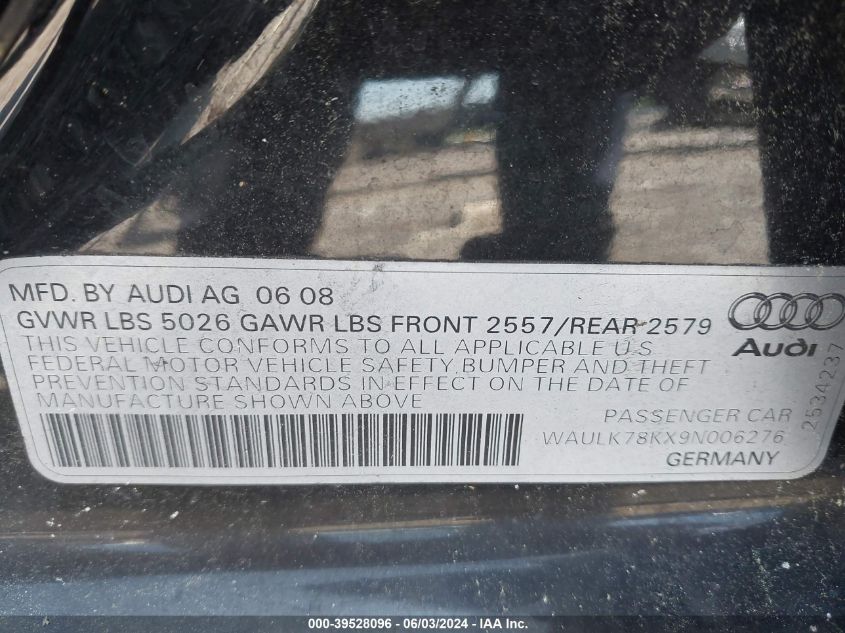 2009 Audi A4 3.2 Premium Plus VIN: WAULK78KX9N006276 Lot: 39528096