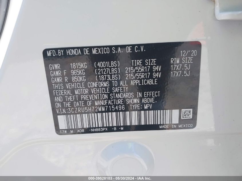 2021 Honda Hr-V 2Wd Ex-L VIN: 3CZRU5H72MM715496 Lot: 39528103