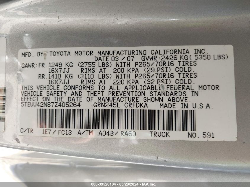 2007 Toyota Tacoma Base V6 VIN: 5TEUU42N87Z405264 Lot: 39528104