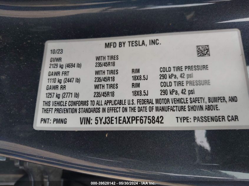 2023 Tesla Model 3 Rear-Wheel Drive VIN: 5YJ3E1EAXPF675842 Lot: 39528142