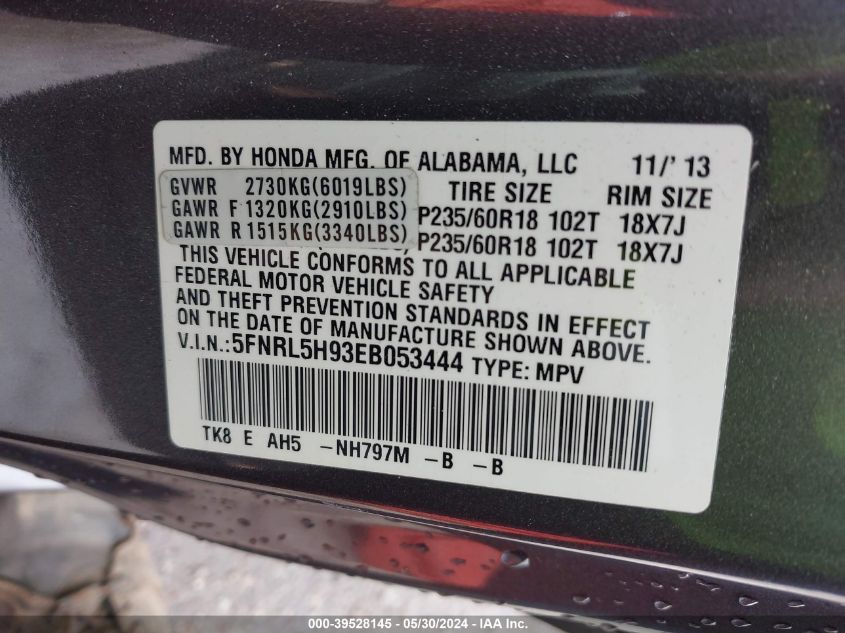 2014 Honda Odyssey Touring/Touring Elite VIN: 5FNRL5H93EB053444 Lot: 39528145