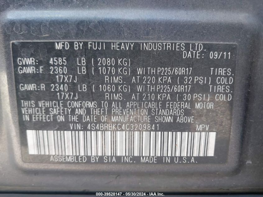 2012 Subaru Outback 2.5I Limited VIN: 4S4BRBKC4C3209841 Lot: 39528147