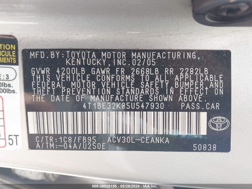 2005 Toyota Camry Std VIN: 4T1BE32K85U547930 Lot: 39528155