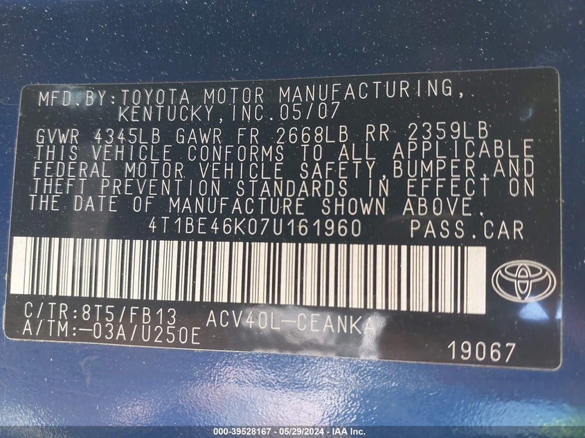 2007 Toyota Camry Le VIN: 4T1BE46K07U161960 Lot: 39528167