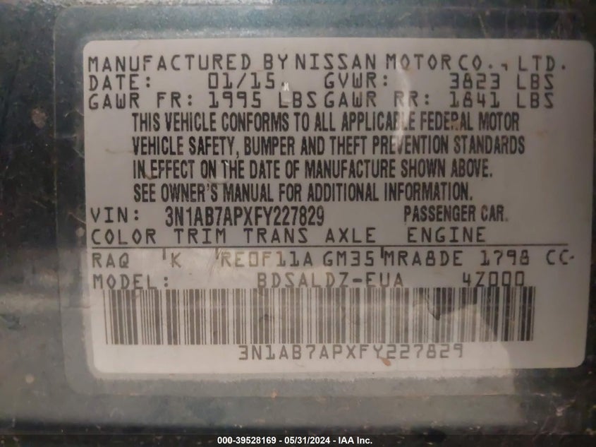 2015 Nissan Sentra Sv VIN: 3N1AB7APXFY227829 Lot: 39528169