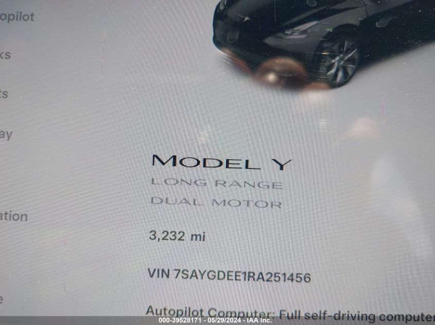 2024 Tesla Model Y Long Range Dual Motor All-Wheel Drive VIN: 7SAYGDEE1RA251456 Lot: 39528171