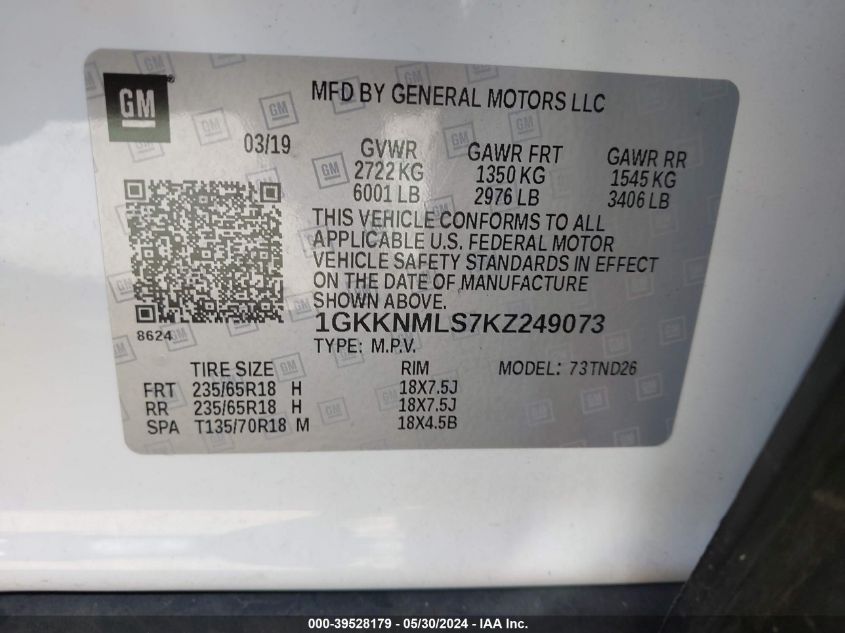 2019 GMC Acadia Slt-1 VIN: 1GKKNMLS7KZ249073 Lot: 39528179