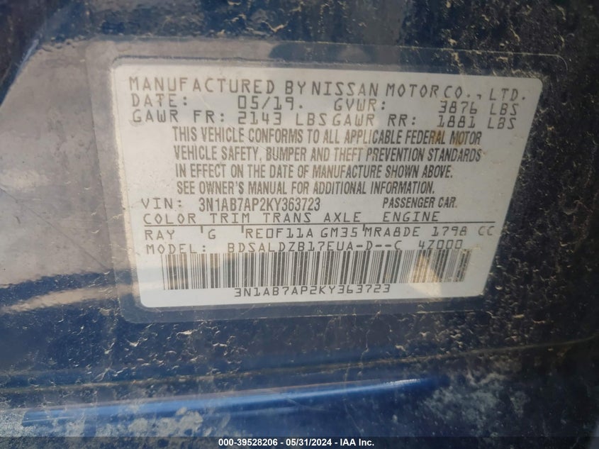 VIN 3N1AB7AP2KY363723 2019 NISSAN SENTRA SV