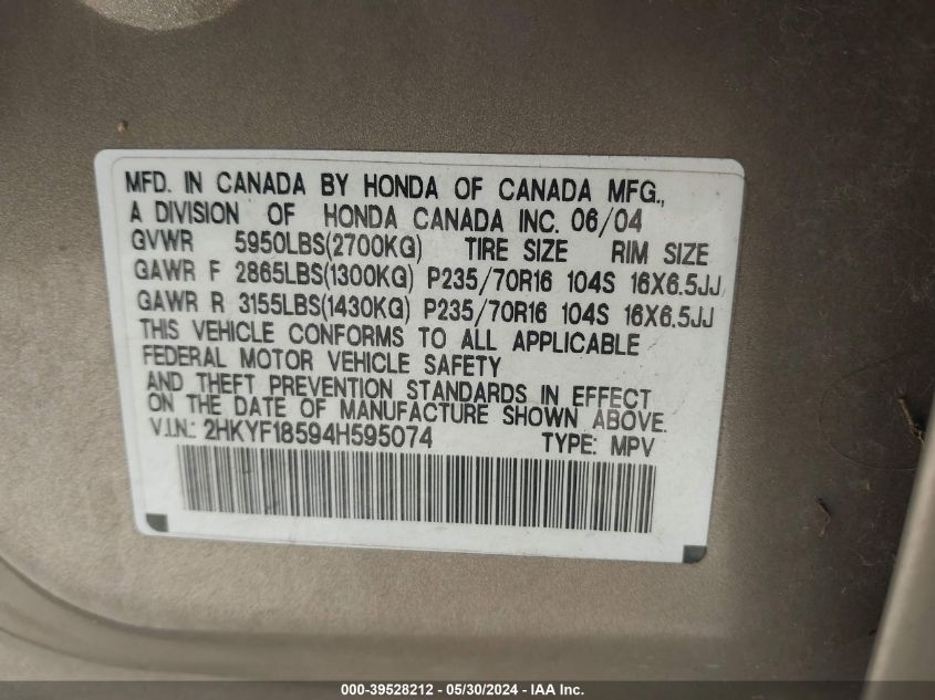 2004 Honda Pilot Ex-L VIN: 2HKYF18594H595074 Lot: 39528212