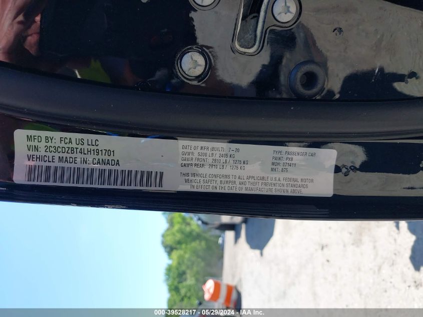 2020 Dodge Challenger R/T VIN: 2C3CDZBT4LH191701 Lot: 39528217