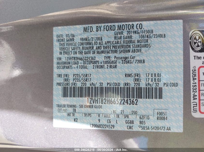 2006 Ford Mustang Gt VIN: 1ZVHT82H665224362 Lot: 39528218
