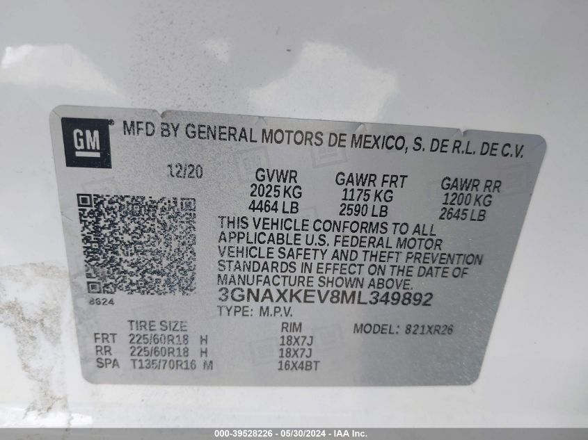 2021 Chevrolet Equinox Fwd Lt VIN: 3GNAXKEV8ML349892 Lot: 39528226