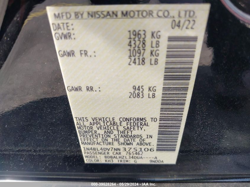 2022 Nissan Altima Sv Fwd VIN: 1N4BL4DV7NN375106 Lot: 39528264