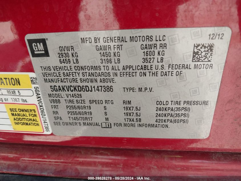 2013 Buick Enclave Leather VIN: 5GAKVCKD6DJ147386 Lot: 39528278