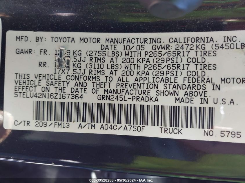 2006 Toyota Tacoma Base V6 VIN: 5TELU42N16Z167364 Lot: 39528288