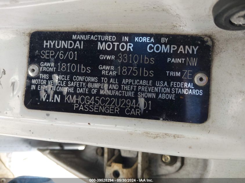 2002 Hyundai Accent Gl VIN: KMHCG45C22U294401 Lot: 39528294