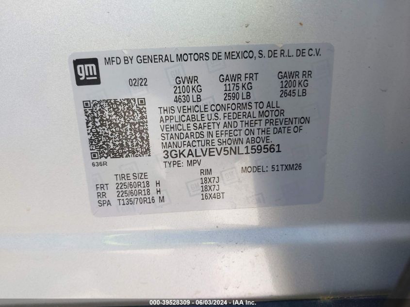 2022 GMC Terrain Awd Slt VIN: 3GKALVEV5NL159561 Lot: 39528309