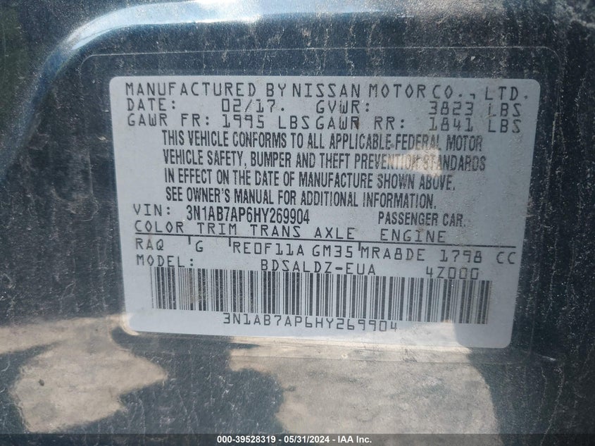 2017 Nissan Sentra Sv VIN: 3N1AB7AP6HY269904 Lot: 39528319