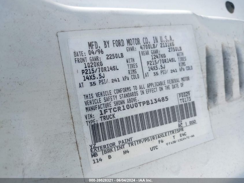 1996 Ford Ranger VIN: 1FTCR10U0TPB13485 Lot: 39528321