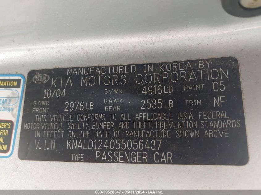 2005 Kia Amanti VIN: KNALD124055056437 Lot: 39528347