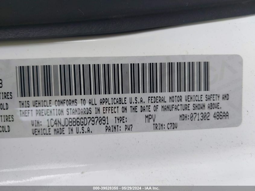 2016 Jeep Compass Sport VIN: 1C4NJDBB6GD797091 Lot: 39528355