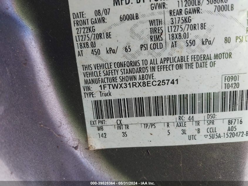 2008 Ford F-350 Xlt VIN: 1FTWX31RX8EC25741 Lot: 39528364
