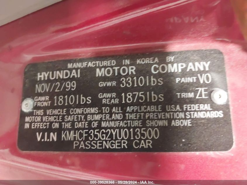 2000 Hyundai Accent L VIN: KMHCF35G2YU013500 Lot: 39528368