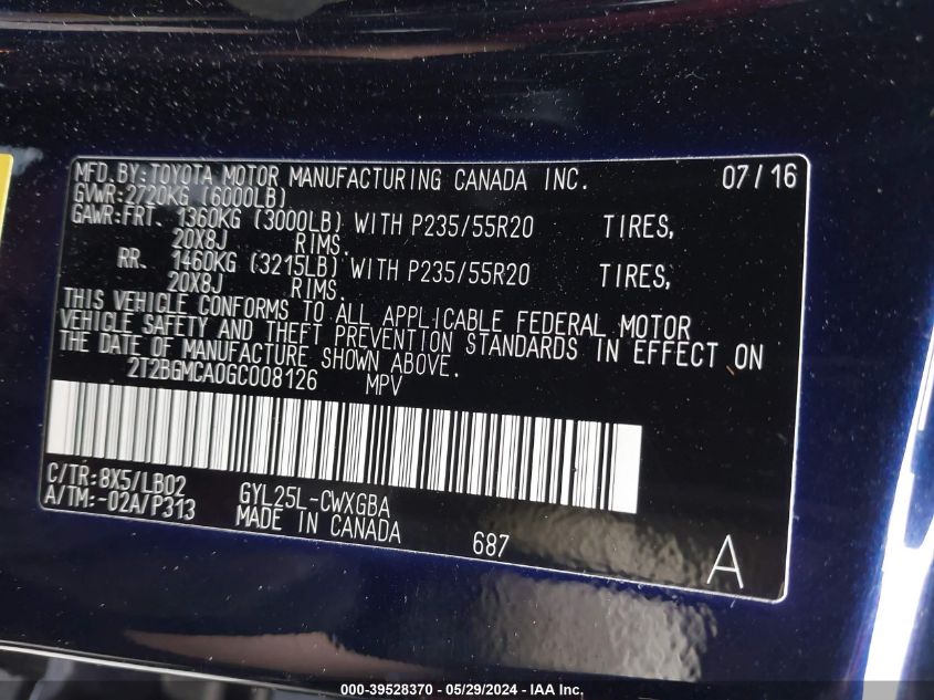 2016 Lexus Rx 450H VIN: 2T2BGMCA0GC008126 Lot: 39528370