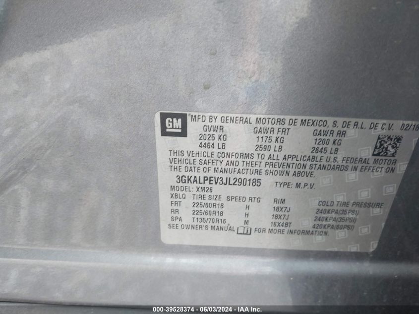 2018 GMC Terrain Slt VIN: 3GKALPEV3JL290185 Lot: 39528374