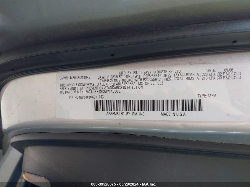 2007 Subaru Outback 2.5I VIN: 4S4BP61C976311753 Lot: 39528375