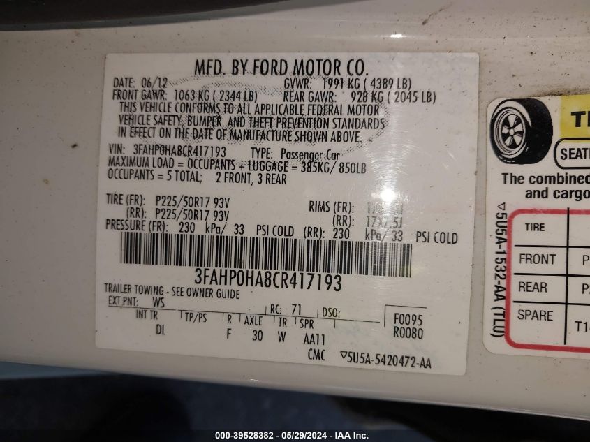 2012 Ford Fusion Se VIN: 3FAHP0HA8CR417193 Lot: 39528382