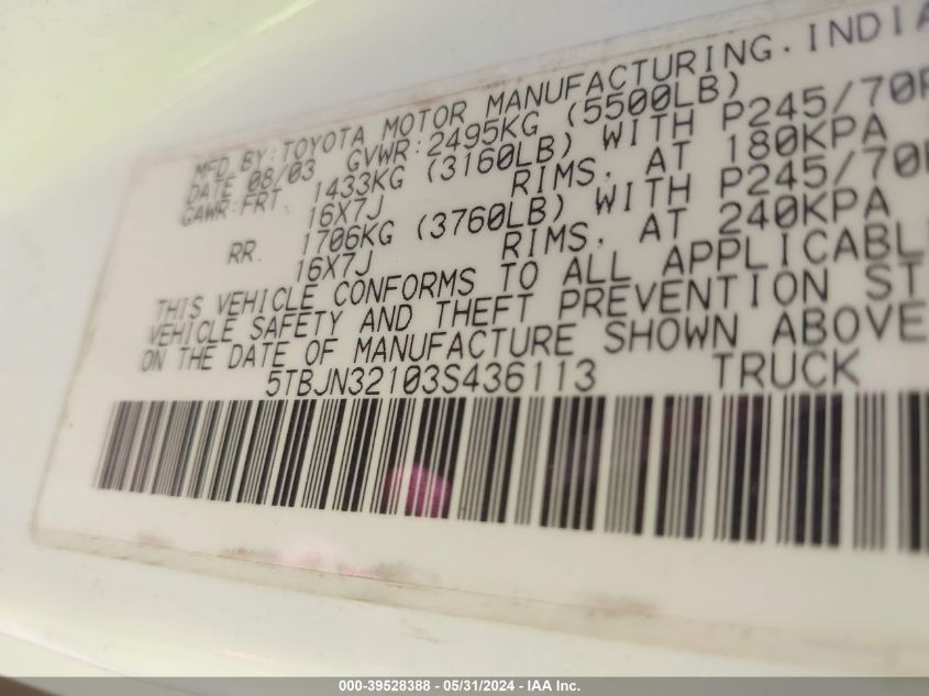 2003 Toyota Tundra VIN: 5TBJN32103S436113 Lot: 39528388